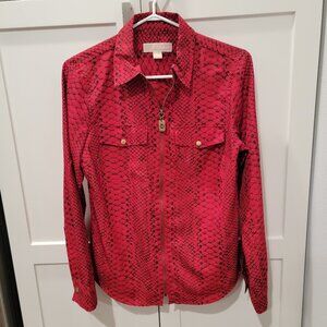 Michael Kors Women Red Long Sleeve Shirt Animal Print Zip Work Evening Small
